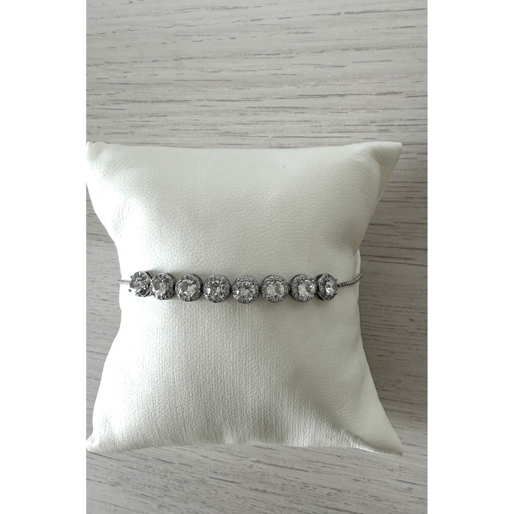 Round Halo Crystal Bolo Bracelet Adjustable Slider Box Chain Silver Tone